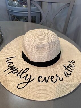 Wide Brim Straw Sun Hat - 'Happily Ever After' in Black Script